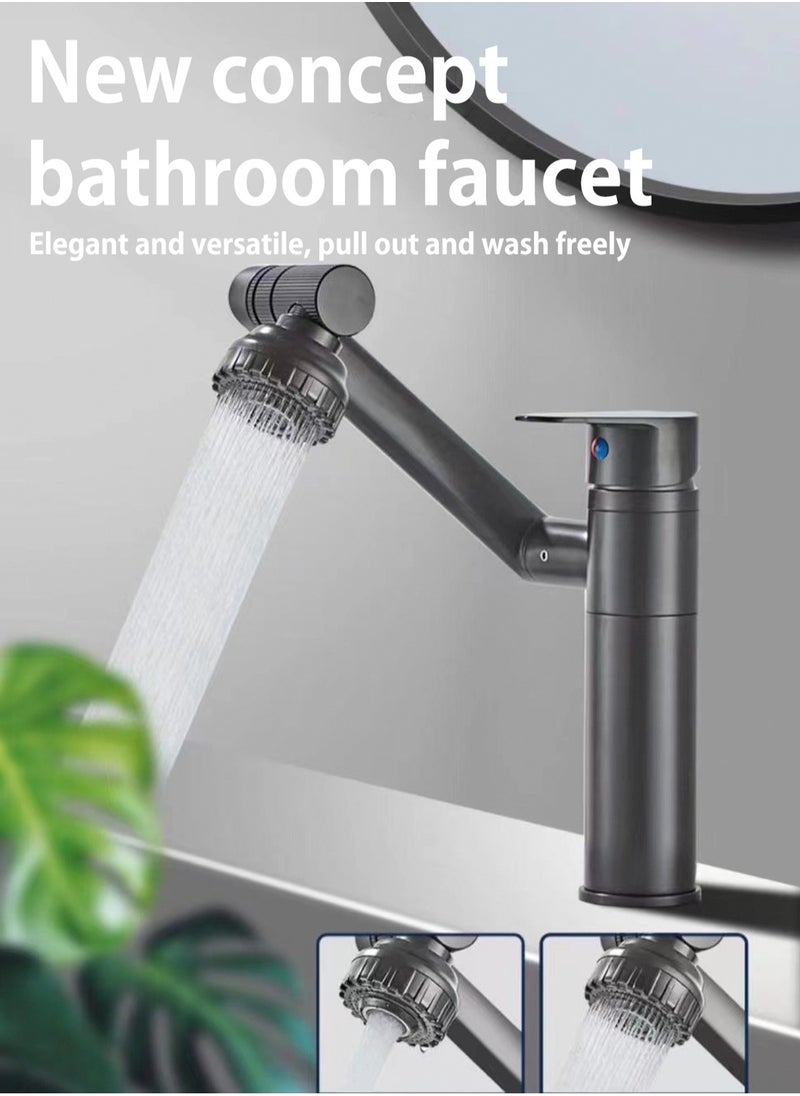 LOOPITYS - Grey bathroom faucet, 360 degree rotating bathroom faucet, bathroom sink faucet, single handle hot and cold water mixing faucet with 2 nozzle modes - Image 1