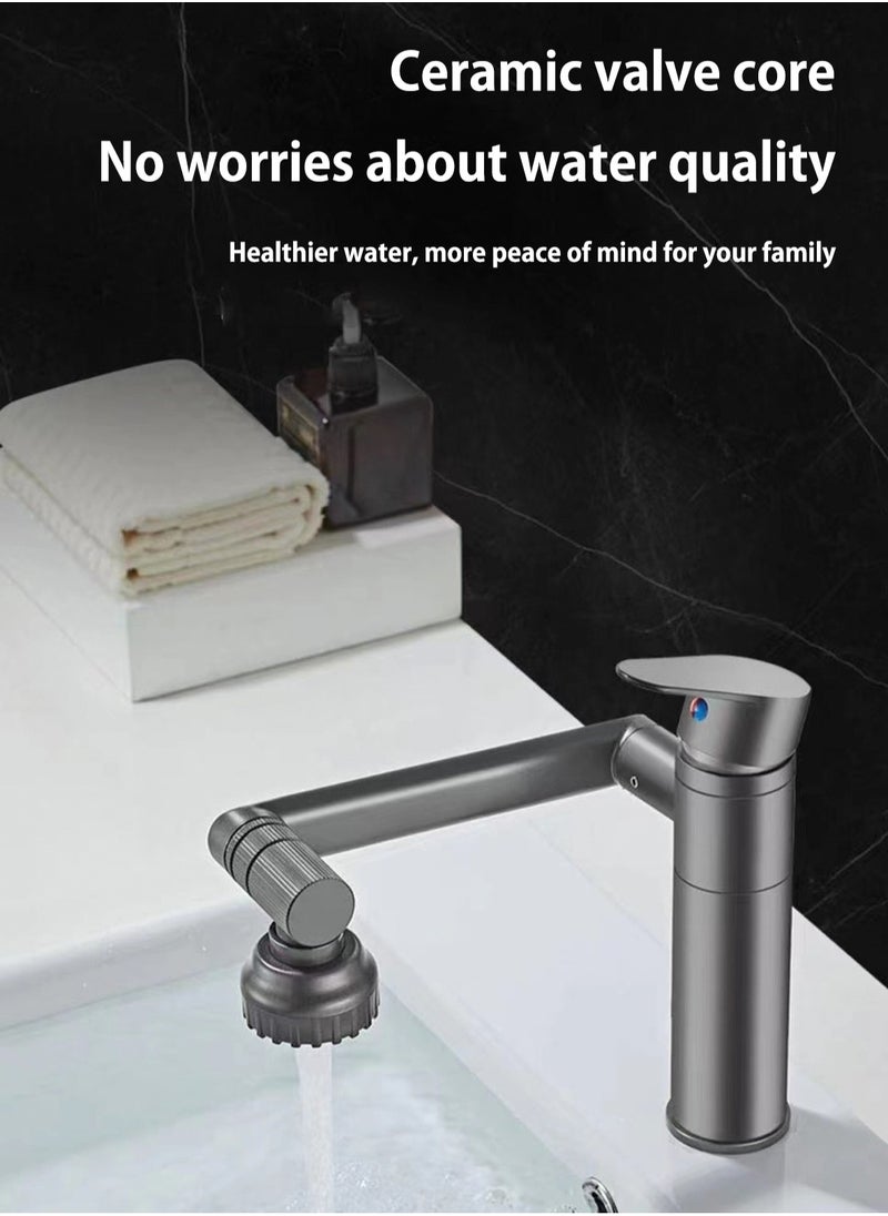 LOOPITYS - Grey bathroom faucet, 360 degree rotating bathroom faucet, bathroom sink faucet, single handle hot and cold water mixing faucet with 2 nozzle modes - Image 1