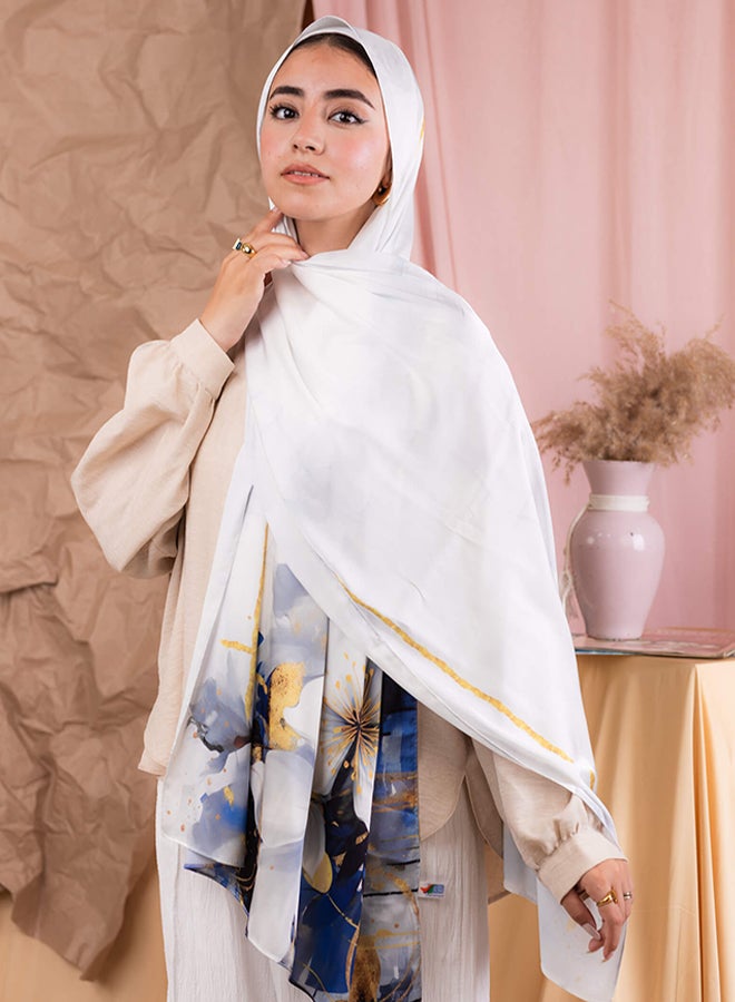 Tie Shop - Printed Satin Scarf - White - Blue - Yellow For Women