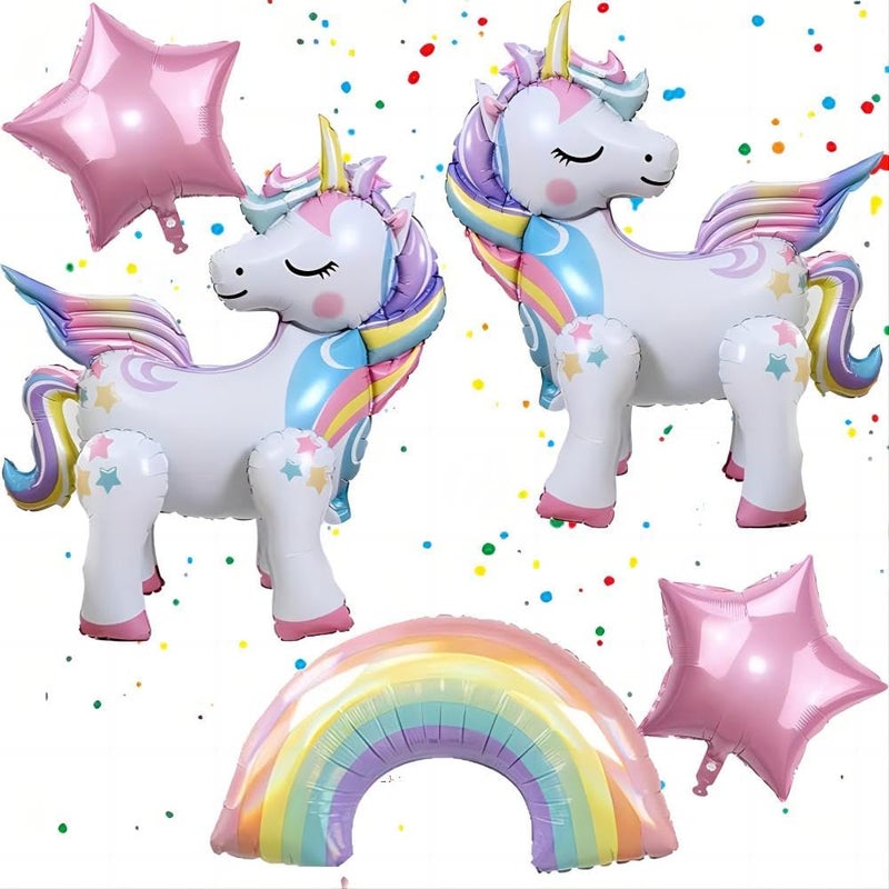 DUILE 5 Pcs Self Standing Unicorn Balloons - 3D Rainbow and Star Foil Balloons for Birthday Party Decorations and Supplies - Image 1