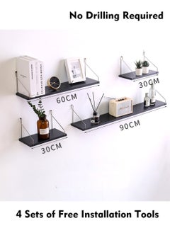 Old_Feller 4-Piece Home Book Shelves Set Floating Shelves for Wall Hanging Wood Shelf Wooden Shelves with Metal Brackets Hanging Shelf Wall Organizers for Home Black Color Free Installation Tool  - Image 1
