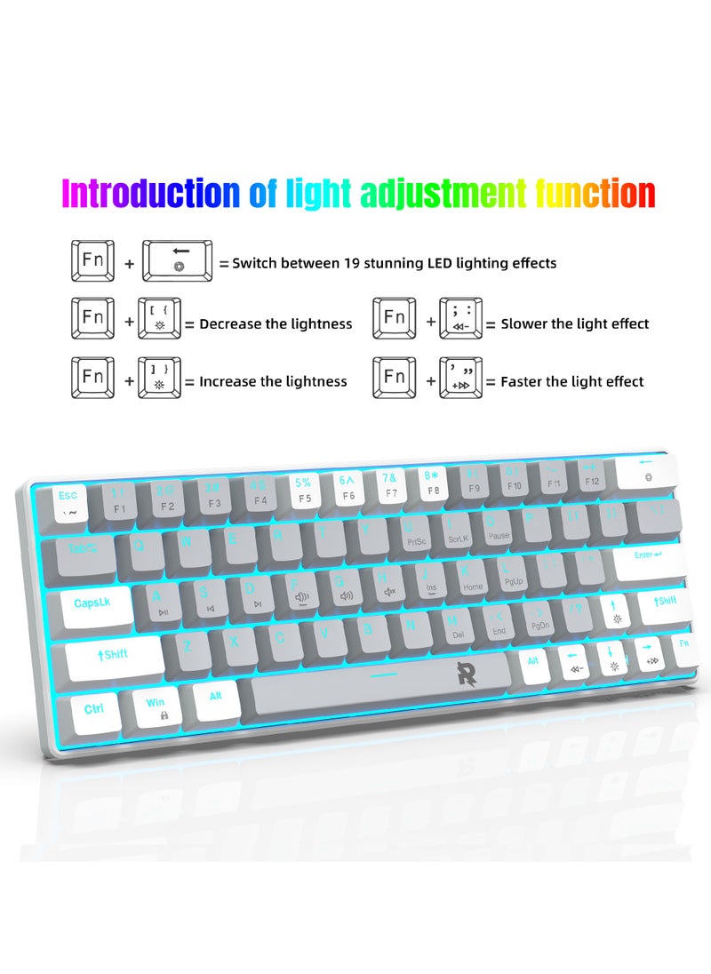 Rock Pow - ROCK POW 60% Wired Mechanical Gaming Keyboard 63 keys Ice Blue Backlit Ultra-Compact Mini Keyboard Mini Compact Keyboard for PC/Mac Gamer Typist Easy Carry on Trip Red Switch - Image 1