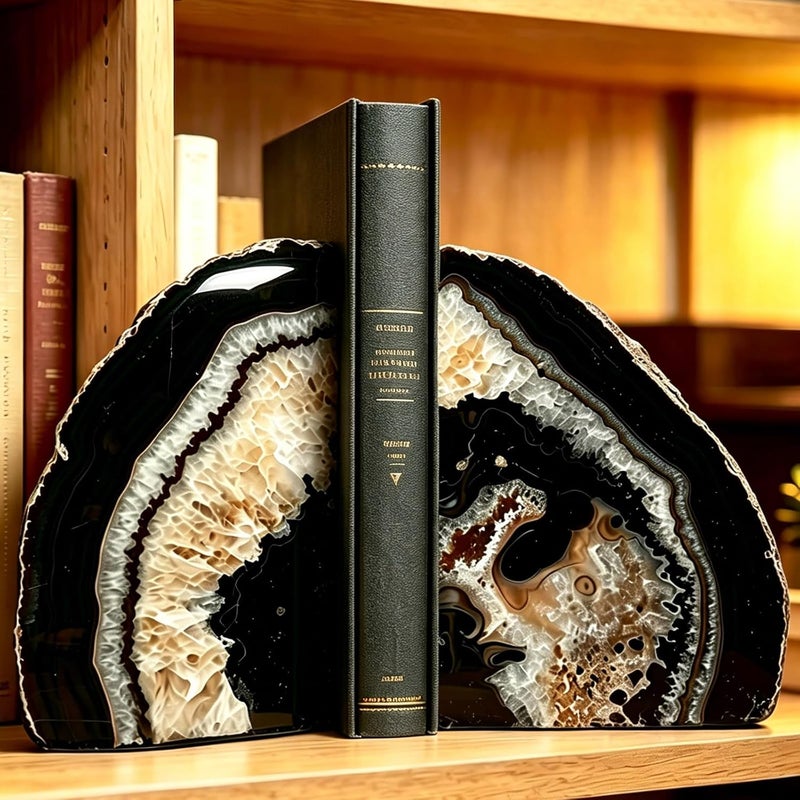 AMOYSTONE Agate Bookends Black Geode Book Ends Heavy Duty Bookend Holder Decorative with Rubber Bumpers Small(1 Pair, 2-3 LBS) - Image 1