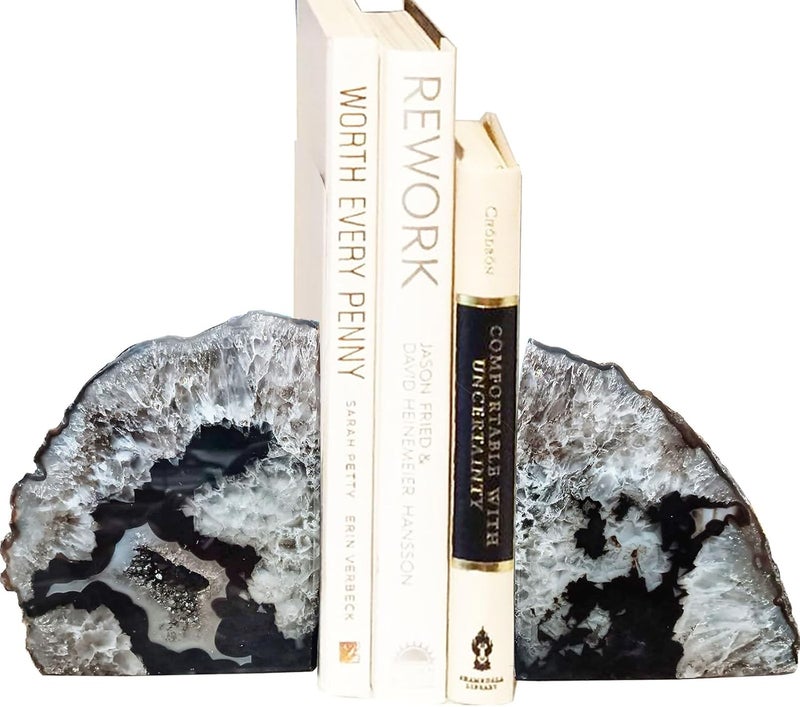 AMOYSTONE Agate Bookends Black Geode Book Ends Heavy Duty Bookend Holder Decorative with Rubber Bumpers Small(1 Pair, 2-3 LBS) - Image 5
