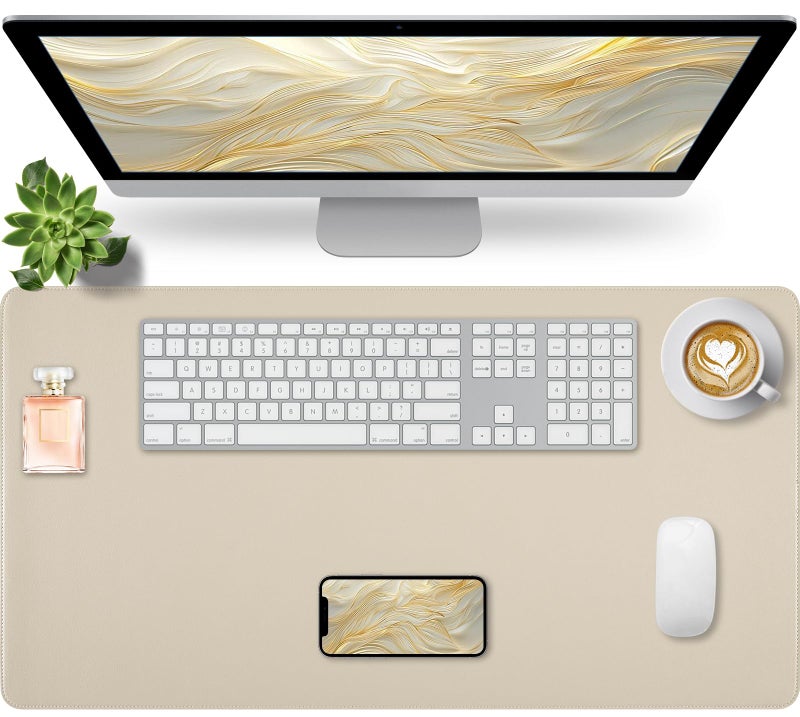 Bloss Beige Desk Mat with Stitched Edges, 31.5"Ã—15.7" Keyboard Pad, Non-Slip Desk Protector Mat, Leather Desk Blotter, Waterproof Desk Pad for Office Home Decor - Image 1