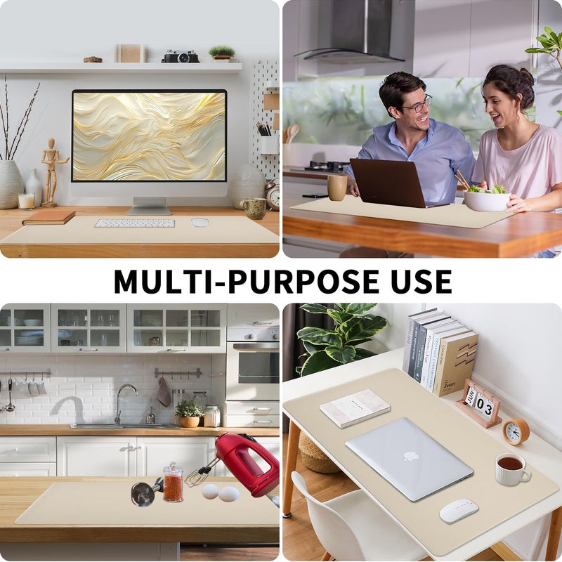 Bloss Beige Desk Mat with Stitched Edges, 31.5"Ã—15.7" Keyboard Pad, Non-Slip Desk Protector Mat, Leather Desk Blotter, Waterproof Desk Pad for Office Home Decor - Image 5