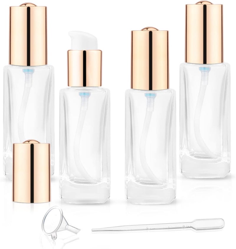 Cositina 4 Pack 30ml/1oz Clear Glass Pump Bottle Empty Square Lotion Foundation Container Refillable Cosmetic Dispenser with Press Pump for Essence Emulsion Cleanser Body Cream - Golden Lid