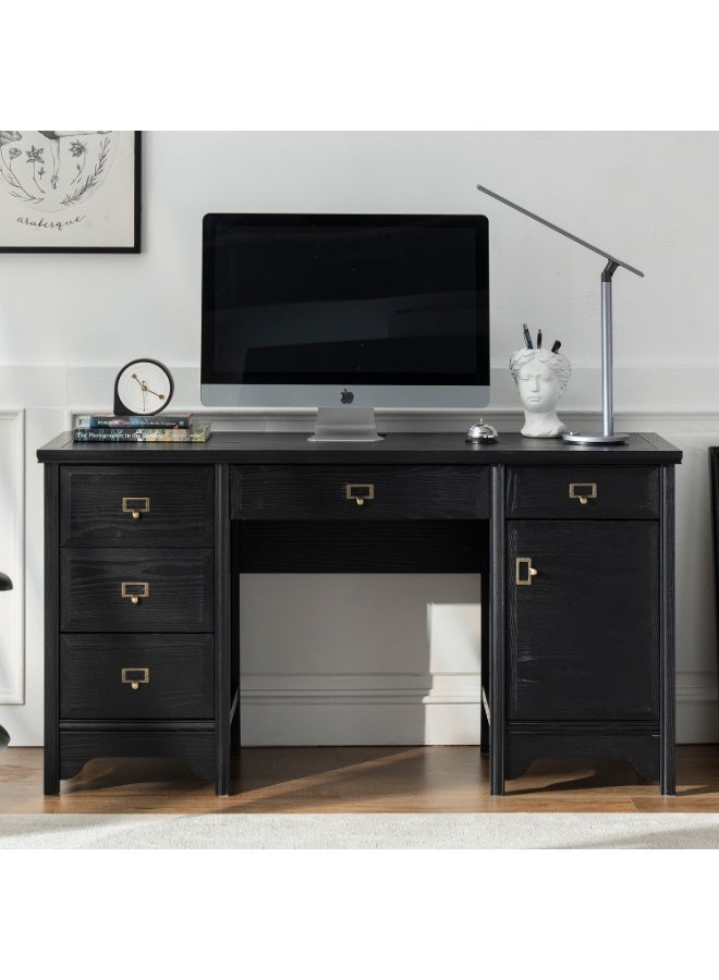 DOOHWAN 55" Solid Wood Executive Desk, Farmhouse Office Computer Desk with 5 Drawers & Storage Cabinet, Wooden Writing Table for Home Office Study Bedroom - Image 1
