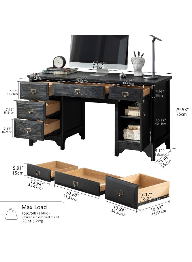 DOOHWAN 55" Solid Wood Executive Desk, Farmhouse Office Computer Desk with 5 Drawers & Storage Cabinet, Wooden Writing Table for Home Office Study Bedroom - Image 2