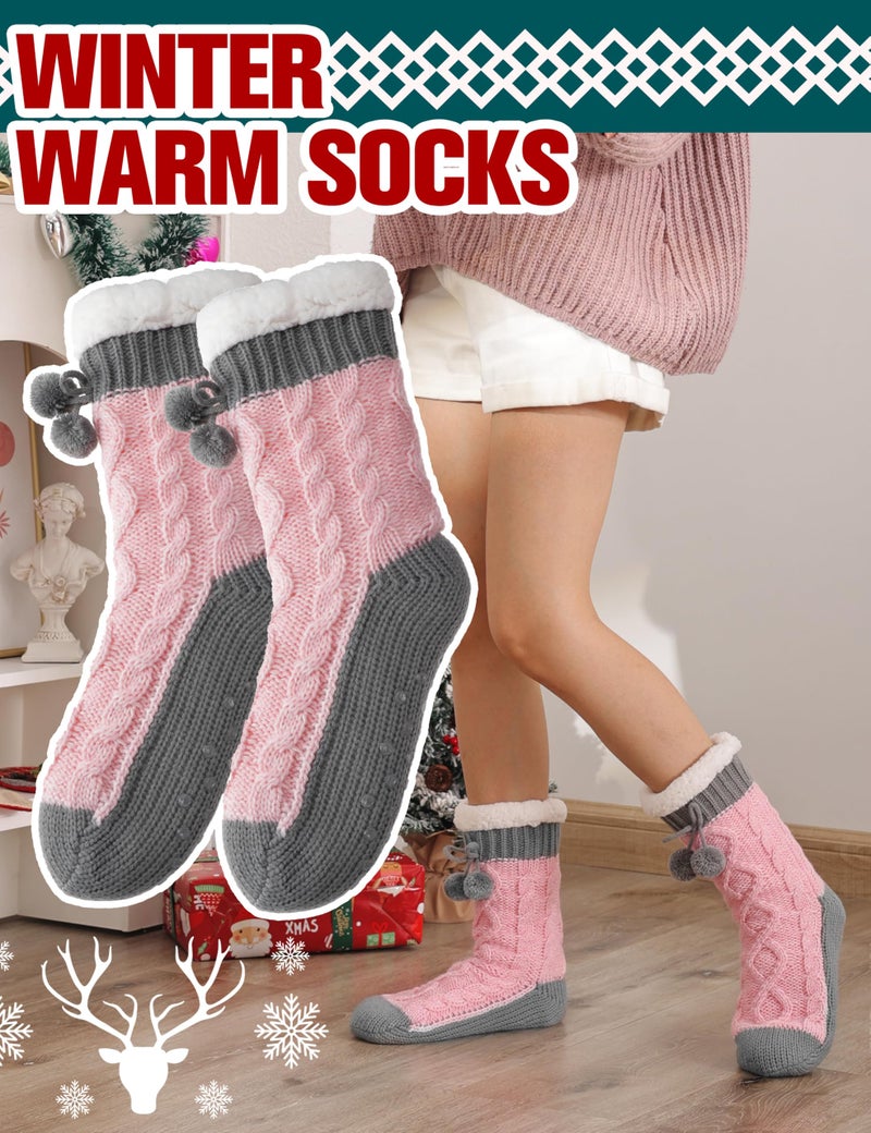Welwoos Womens Slipper Fuzzy Socks Fluffy Winter Thermal Warm Thick Cozy Plush Non Slip Grips Christmas Socks Stocking Stuffers for Women White Elephant Valentines Mothers Day Gifts for Mom(Grey Pink) - Image 2
