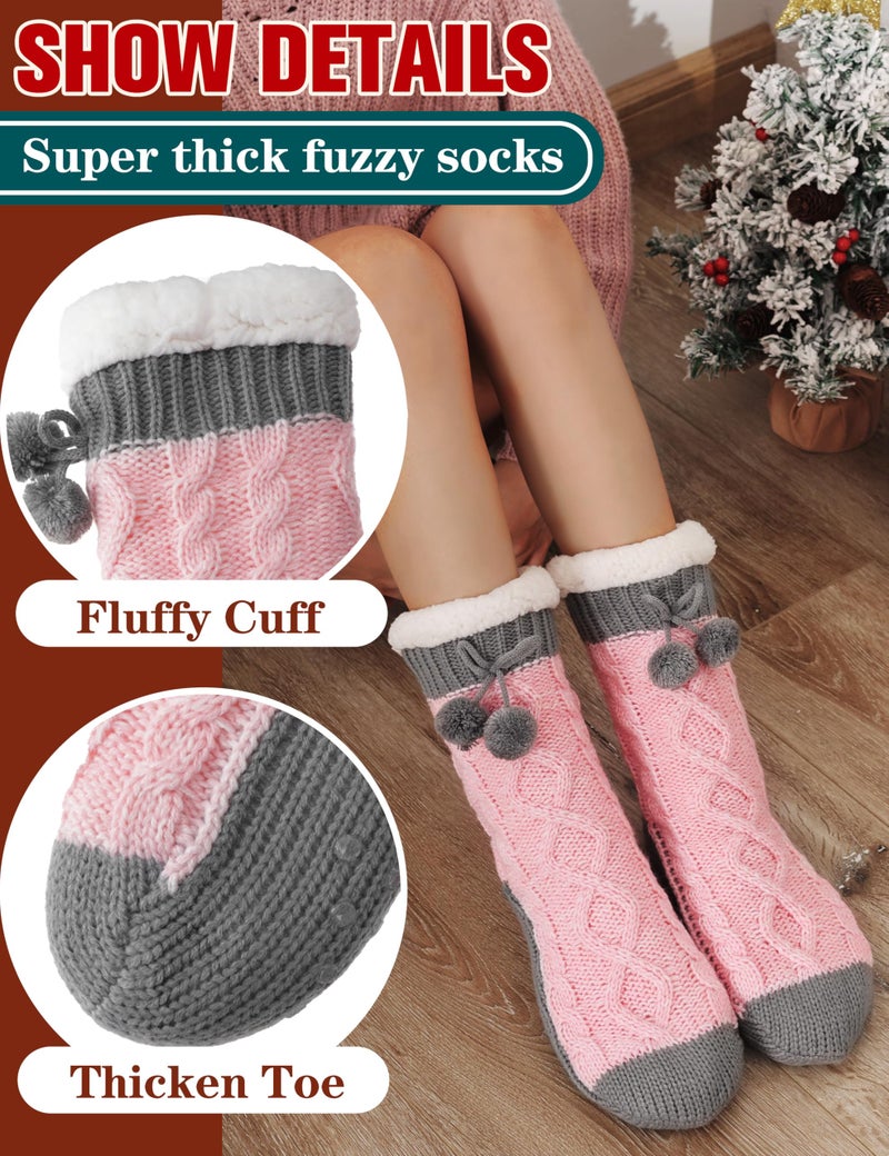 Welwoos Womens Slipper Fuzzy Socks Fluffy Winter Thermal Warm Thick Cozy Plush Non Slip Grips Christmas Socks Stocking Stuffers for Women White Elephant Valentines Mothers Day Gifts for Mom(Grey Pink) - Image 4