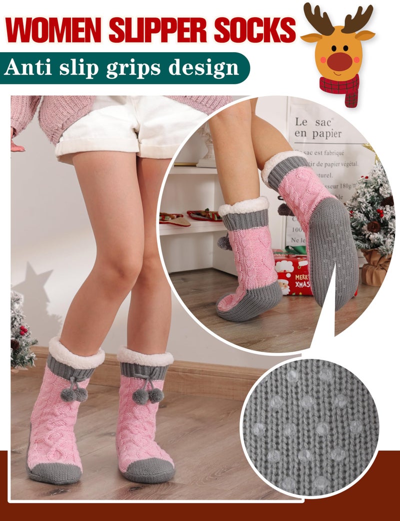 Welwoos Womens Slipper Fuzzy Socks Fluffy Winter Thermal Warm Thick Cozy Plush Non Slip Grips Christmas Socks Stocking Stuffers for Women White Elephant Valentines Mothers Day Gifts for Mom(Grey Pink) - Image 5