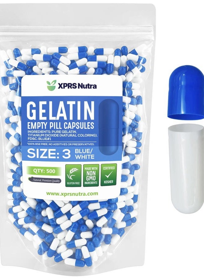 XPRS Nutra Size 3 Empty Capsules - 500 Count Empty Gelatin Capsules - Empty Pill Capsules - DIY Capsule Filling - Pure Bovine Pill Capsules Empty Gel Caps (Blue/White) - Image 1