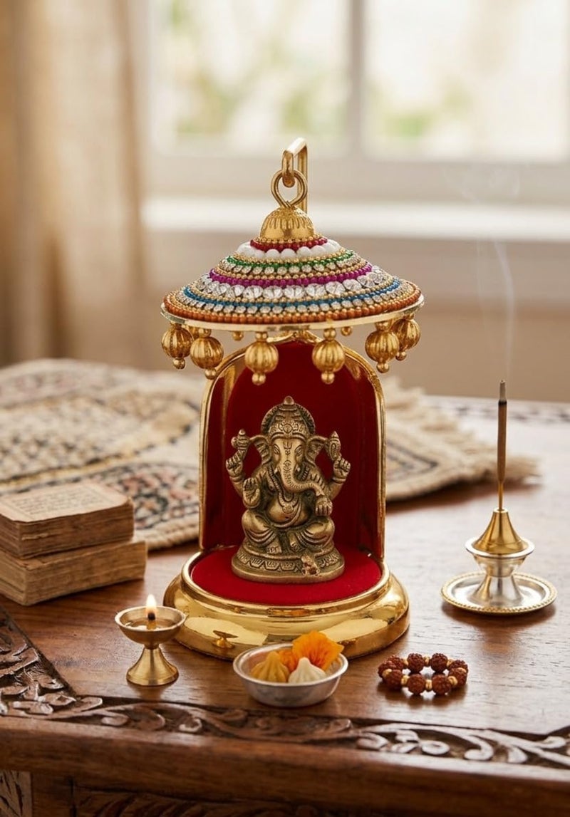 TEJ GIFTS Diamond Studded Metal Umbrella Chhatra for God Idol, Car Dashboard/Office Desk/Table/Home Decor Showpiece, Chatri Aasan for God Murti, Ideal Gift Item for Housewarming (No. 3) - Image 2
