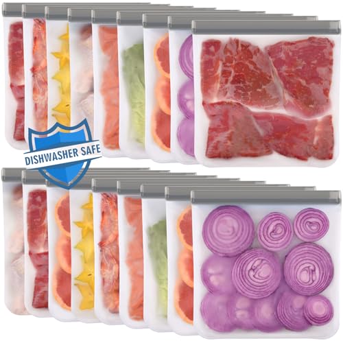 Lerine 18 Pack Reusable Gallon Freezer Bags Dishwasher Safe, BPA Free Reusable freezer Bags 1 Gallon, Leakproof Food Storage Bags for Meal Prep, Fridge Kitchen Organization (Gray, 18Gallon) - Image 1