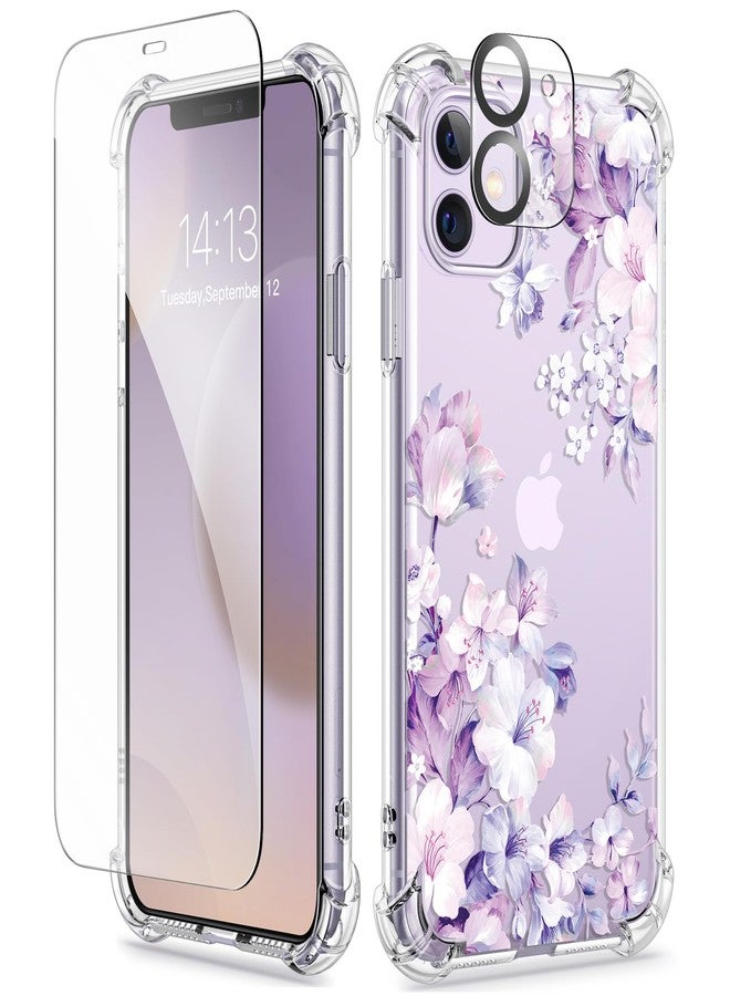 GVIEWIN Compatible with iPhone 11 Case 6.1'' 2019, with Screen Protector+Camera Lens Protector, Non-Yellow Flower Clear Soft TPU Slim Bumper Shockproof Protective Phone Cover, Foliolosa/Purple - Image 1
