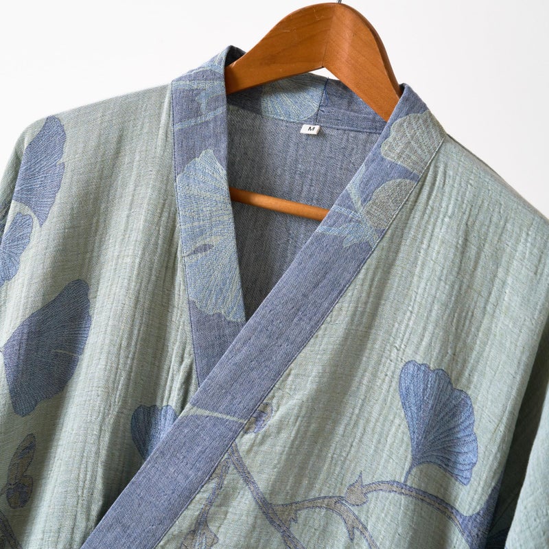 Purefair 100% Cotton Gauze Ginkgo Leaf Kimono Robe, Long Knit Loose Bathrobe Nightgown Ladies Loungewear Sleepwear for Women - Image 3