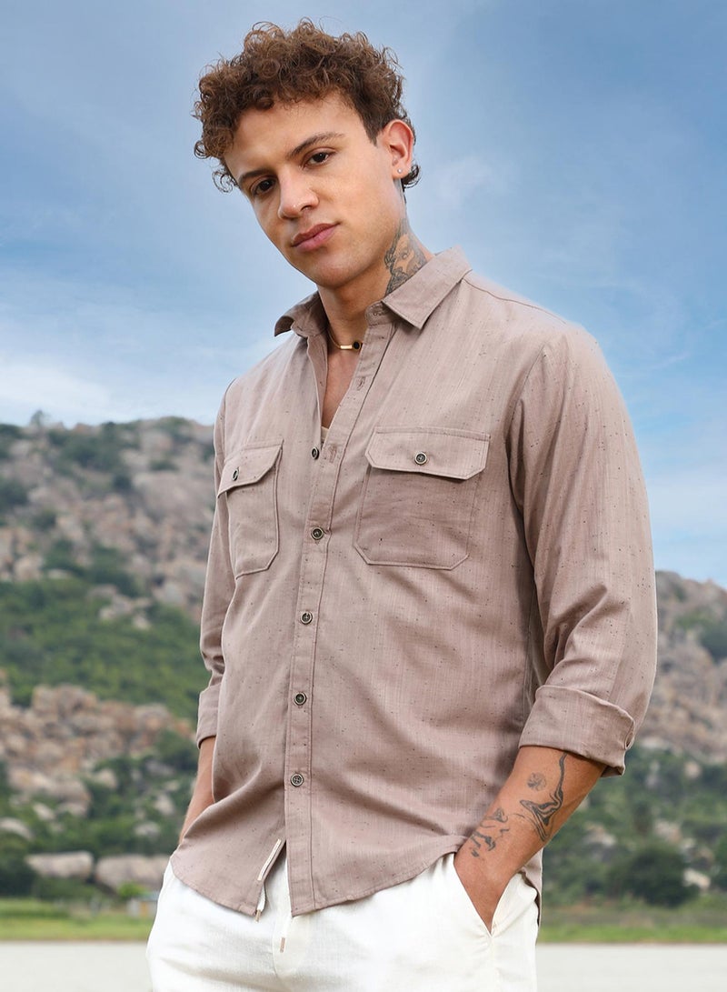 Campus Sutra Campus Sutra Men's Peanut Brown Heathered Utility Shirt For Casual Wear | Spread Collar | Long Sleeve | Button Closure | Shirt Crafted With Comfort Fit For Everyday Wear  - Image 3