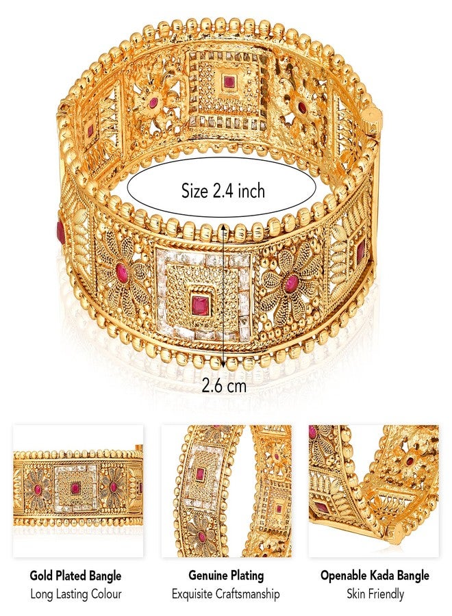 Peora Gold Plated Synthetic Stone Studded Thick Single Piece Openable Bangle Kada Traditional Jewellery for Women (Size - 2.4 inch) - Image 5