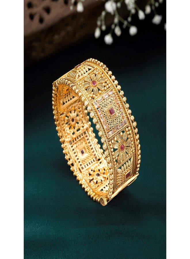 Peora Gold Plated Synthetic Stone Studded Thick Single Piece Openable Bangle Kada Traditional Jewellery for Women (Size - 2.4 inch) - Image 2