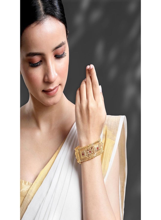 Peora Gold Plated Synthetic Stone Studded Thick Single Piece Openable Bangle Kada Traditional Jewellery for Women (Size - 2.4 inch) - Image 3