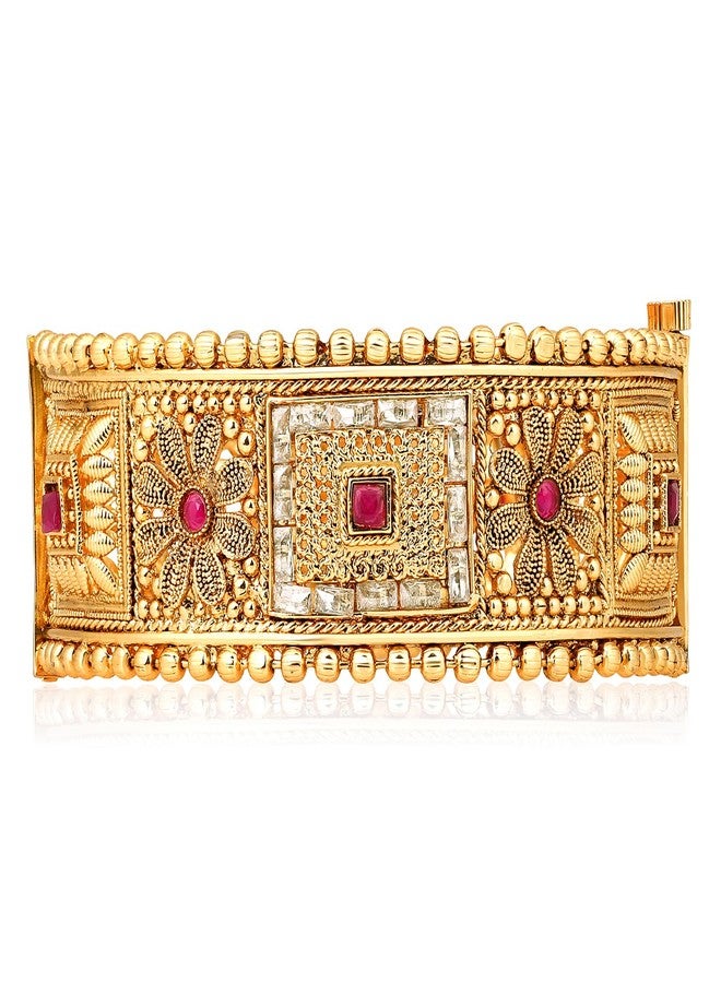 Peora Gold Plated Synthetic Stone Studded Thick Single Piece Openable Bangle Kada Traditional Jewellery for Women (Size - 2.4 inch) - Image 4