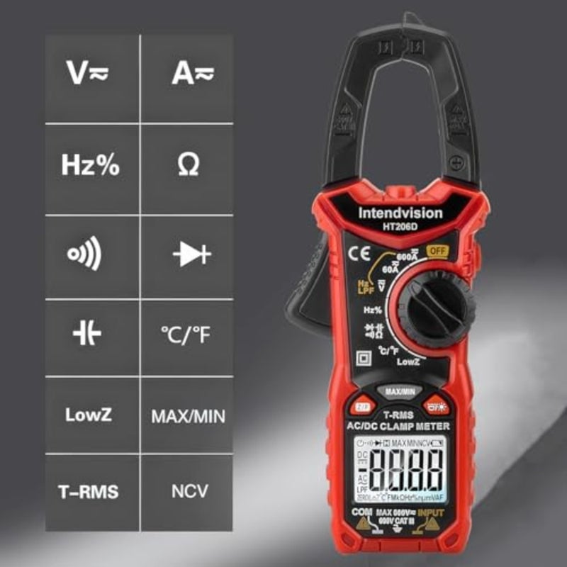 AC/DC Digital Clamp Meter T-RMS 6000 Counts, Multimeter Voltage Tester Auto-ranging, NCV AC DC Current Voltage Resistance Capacitance Frequency Diode Temperature Measure Tester HT206D - Image 2