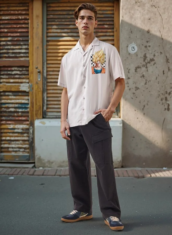 SP Characters Goku Print Relaxed Fit Shirt with Camp Collar and Short Sleeves