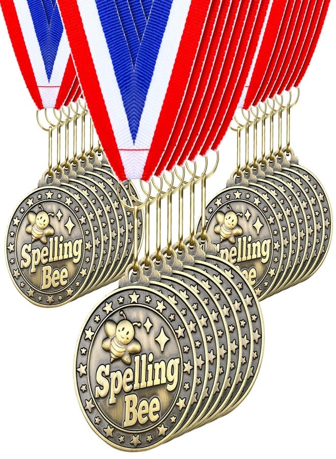 Quelay 30 Pcs 2'' Award Medals Bulk Gold Winner Medals with Neck Ribbons Metal Trophy Award Prize Gift for Tournaments, Competitions, Party, Kids and Adults (Spelling Bee) - Image 1