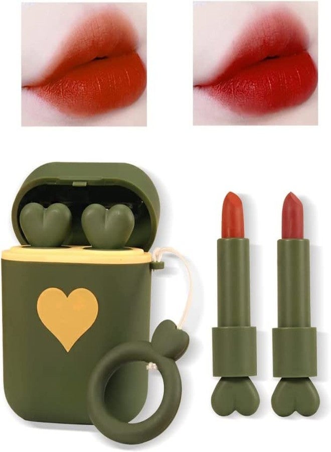 VBA Headphones Love Icon Double Tube Non-stick Cup Long Lasting Waterproof Matte Lipstick 2Pc/Set Moisturizing lip stain Earphone Lipstick Dual-color (Tomato red & Caramel red) - Image 4