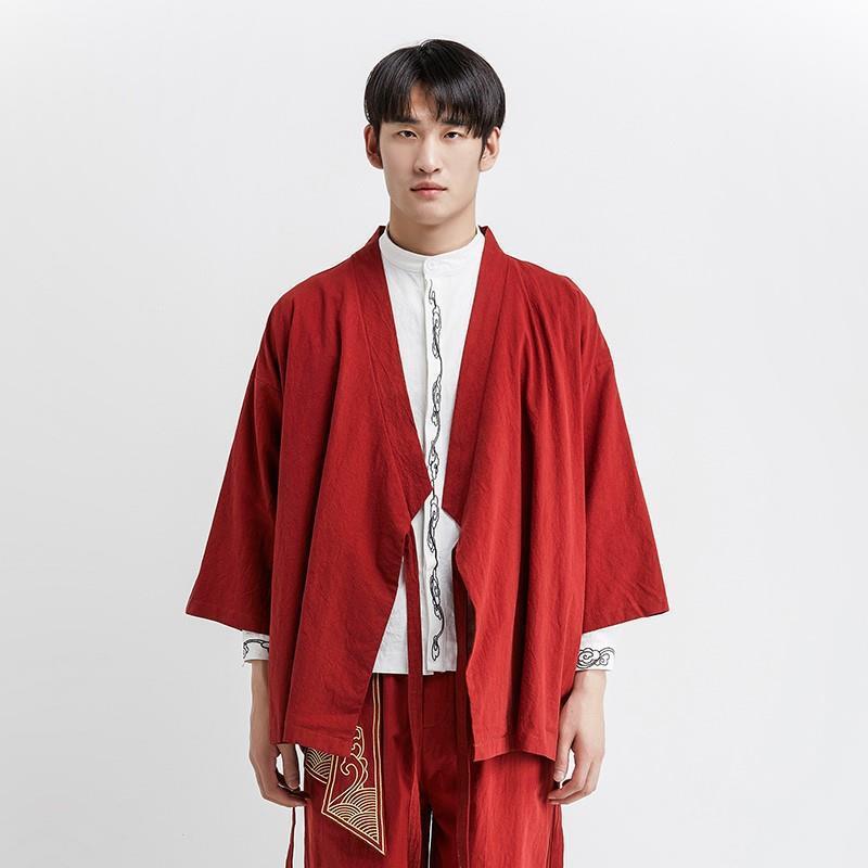 Mens Loose Hanfu Set Retro Tang Jacket Red one-piece top 