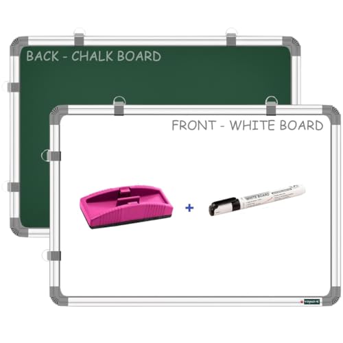 YAJNAS 16x23 Inch Non Magnetic Double Sided Whiteboard & Chalkboard, Both Side Writing Board Includes 1 whiteboard Duster and 1 Whiteboard Markers (Pack of 3) Ideal for Home, Study Room and Office - Image 1