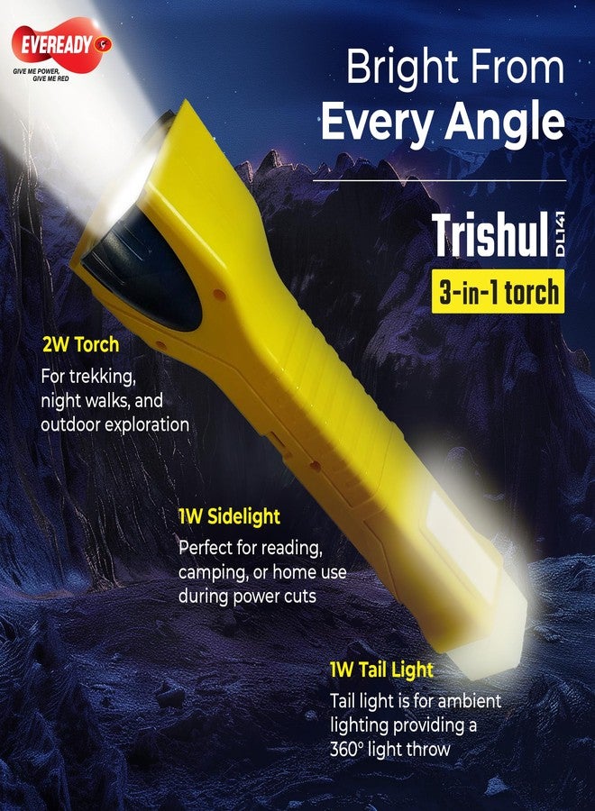 Eveready Trishul DL141, Rechargeable 3-in-1 Emergency Torch + Sidelight + Tail Light, Rugged Angular Design, Type B/Micro USB Charging, 360° Illumination, Pack of 8, Yellow - Image 2