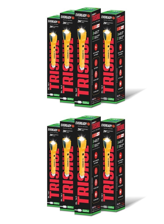 Eveready Trishul DL141, Rechargeable 3-in-1 Emergency Torch + Sidelight + Tail Light, Rugged Angular Design, Type B/Micro USB Charging, 360° Illumination, Pack of 8, Yellow - Image 1