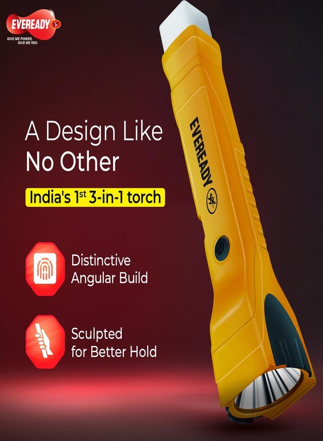 Eveready Trishul DL141, Rechargeable 3-in-1 Emergency Torch + Sidelight + Tail Light, Rugged Angular Design, Type B/Micro USB Charging, 360° Illumination, Pack of 8, Yellow - Image 3