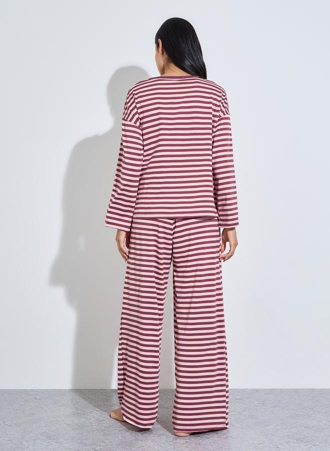 Styli Burgundy Striped Long Sleeves T-Shirt and Wide Leg Pants Pyjama Set - Image 5