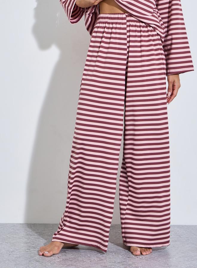 Styli Burgundy Striped Long Sleeves T-Shirt and Wide Leg Pants Pyjama Set - Image 4