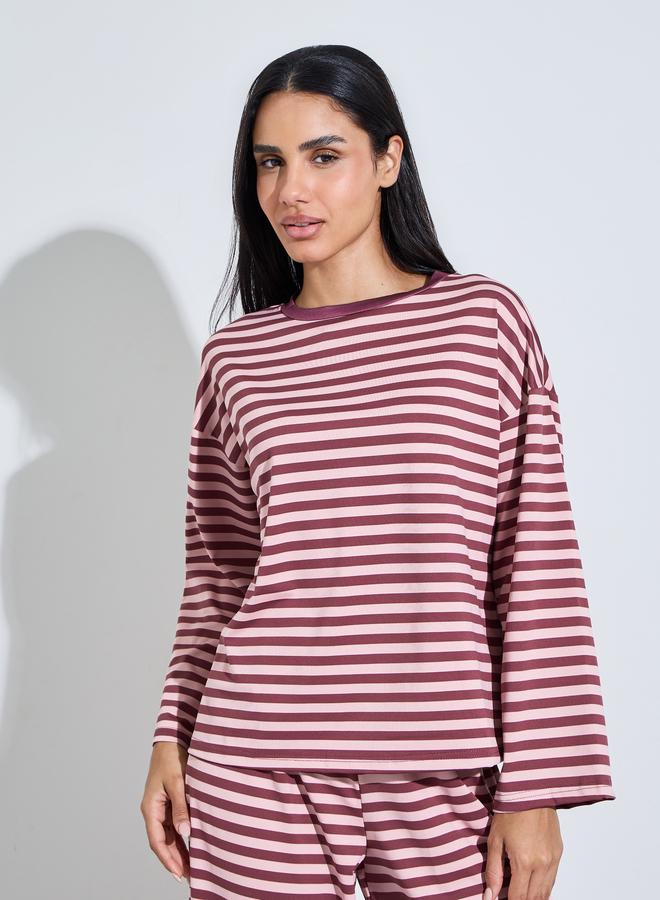 Styli Burgundy Striped Long Sleeves T-Shirt and Wide Leg Pants Pyjama Set - Image 2