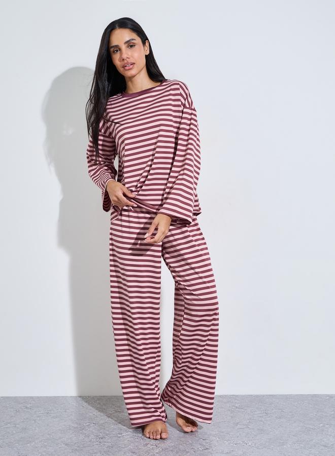 Styli Burgundy Striped Long Sleeves T-Shirt and Wide Leg Pants Pyjama Set - Image 1