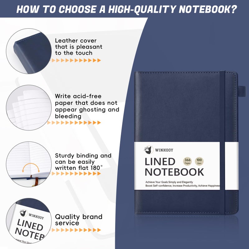 Winkooy Lined Journal Notebook, 366 Pages, 100Gsm Leather Hardcover Journals for Writing Thick A5 College Ruled Classic Notebook with Pen Loop, Daily Journal for Women Men Travel Business Work Office - Image 3