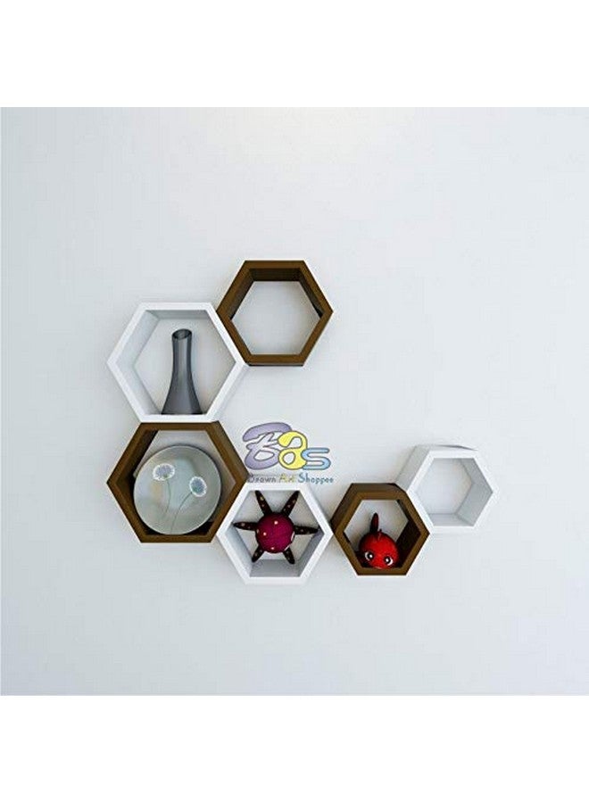 BAS Engineered Wood Brown Art Shoppee Decorative Display With Hexagon Shape Set Of 6 Floating Wall Shelves And Racks For Living Room (Brown & White) - Image 1