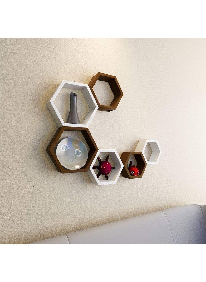 BAS Engineered Wood Brown Art Shoppee Decorative Display With Hexagon Shape Set Of 6 Floating Wall Shelves And Racks For Living Room (Brown & White) - Image 2