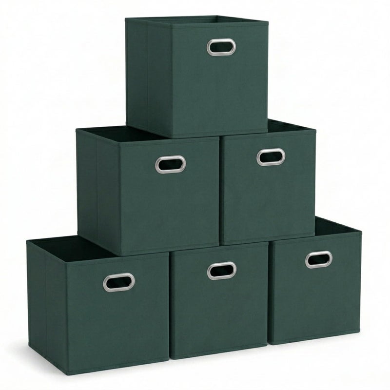 Household Essentials Foldable Fabric Storage Cubes 6Pack 11x11x11 Stackable NonWoven Bins with Chipboard Sides Grommet Handles Closet Shelf Nursery or Office Organizer Dark Green - Image 2