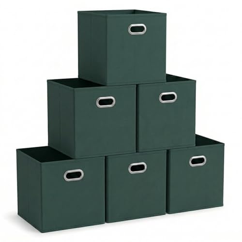 Household Essentials Foldable Fabric Storage Cubes 6Pack 11x11x11 Stackable NonWoven Bins with Chipboard Sides Grommet Handles Closet Shelf Nursery or Office Organizer Dark Green - Image 1