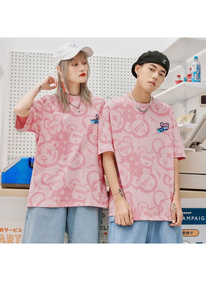 EPTISON Summer Trendy Youth Couple Outfit Loose Cotton Printed Short Sleeve T-shirt With Cartoon Bear Print Unisex Matching Set - Image 2