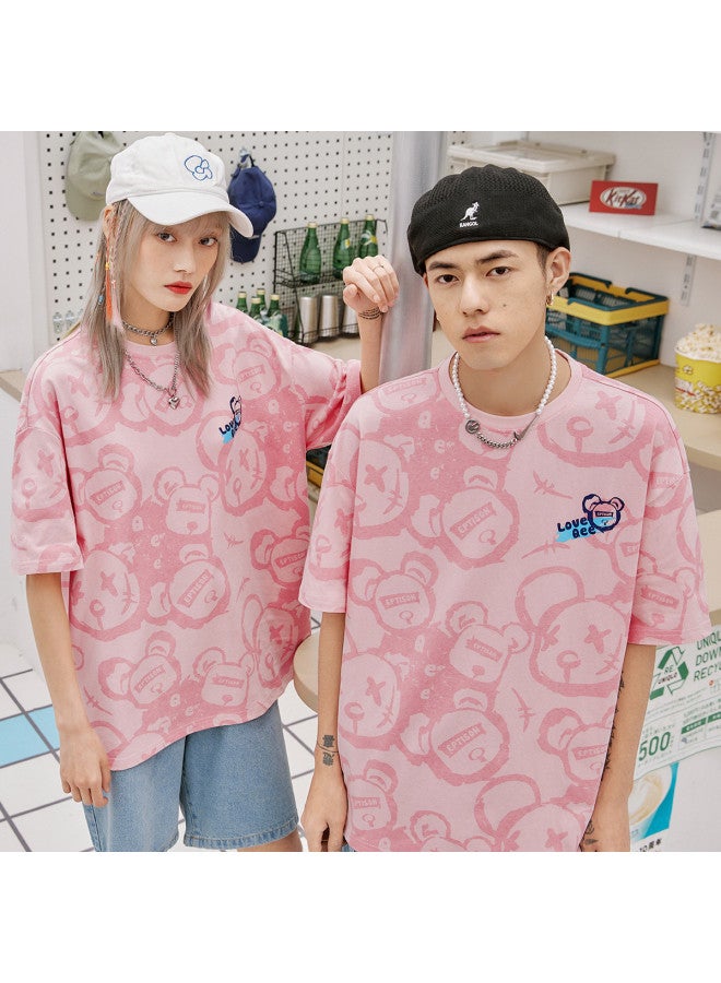 EPTISON Summer Trendy Youth Couple Outfit Loose Cotton Printed Short Sleeve T-shirt With Cartoon Bear Print Unisex Matching Set - Image 3