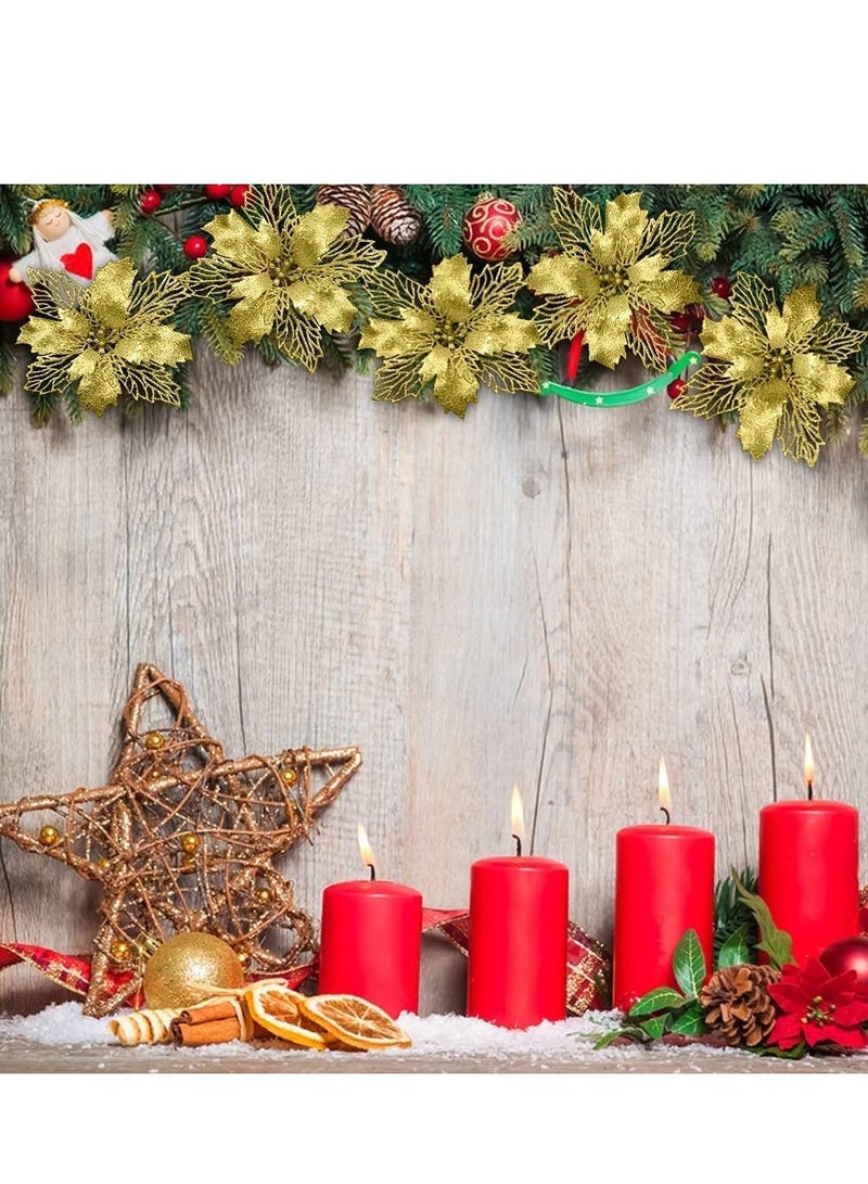 Excefore Gold Poinsettia Artificial Flowers with Clips 12 Pcs 16cm / 6.3in Glitter Tree Ornaments for Wreath Wedding Xmas New Year Decorations - Image 1