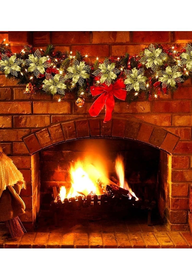 Excefore Gold Poinsettia Artificial Flowers with Clips 12 Pcs 16cm / 6.3in Glitter Tree Ornaments for Wreath Wedding Xmas New Year Decorations - Image 2