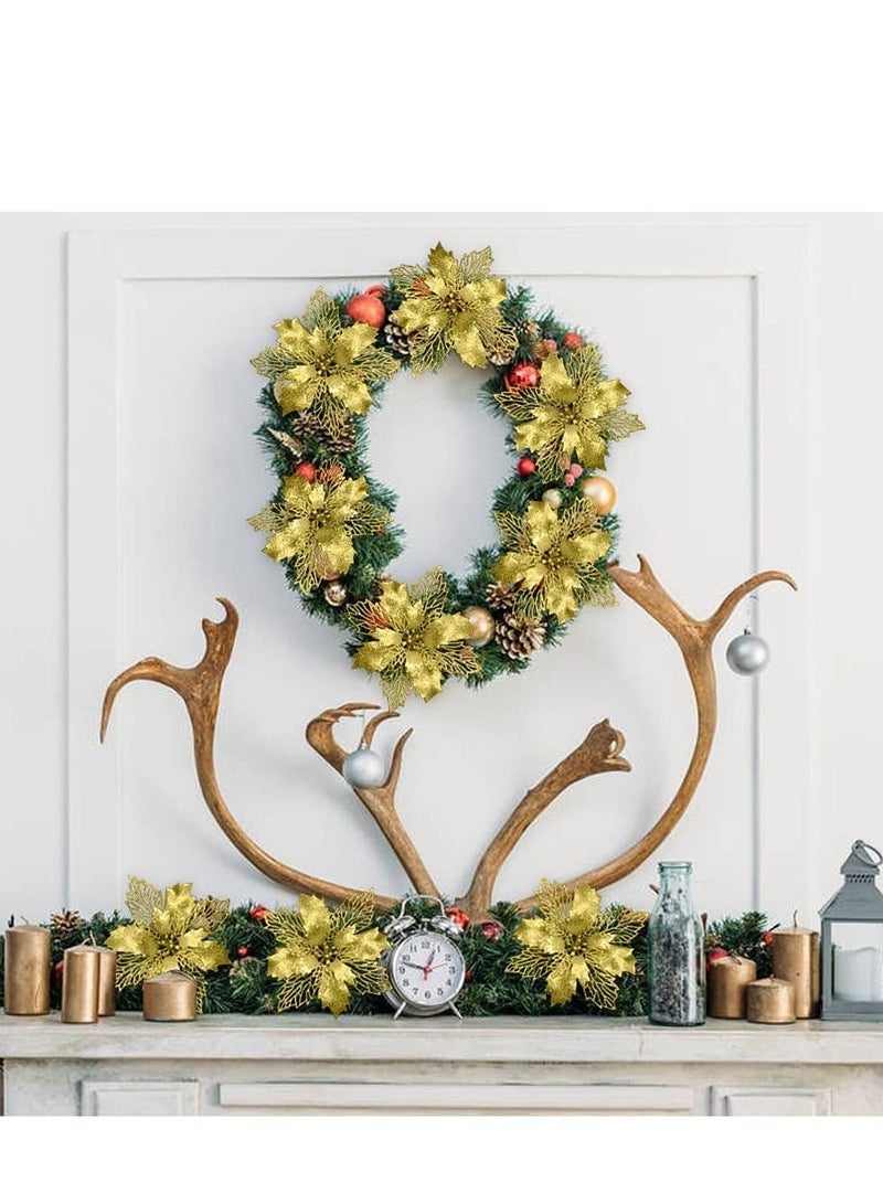 Excefore Gold Poinsettia Artificial Flowers with Clips 12 Pcs 16cm / 6.3in Glitter Tree Ornaments for Wreath Wedding Xmas New Year Decorations - Image 3