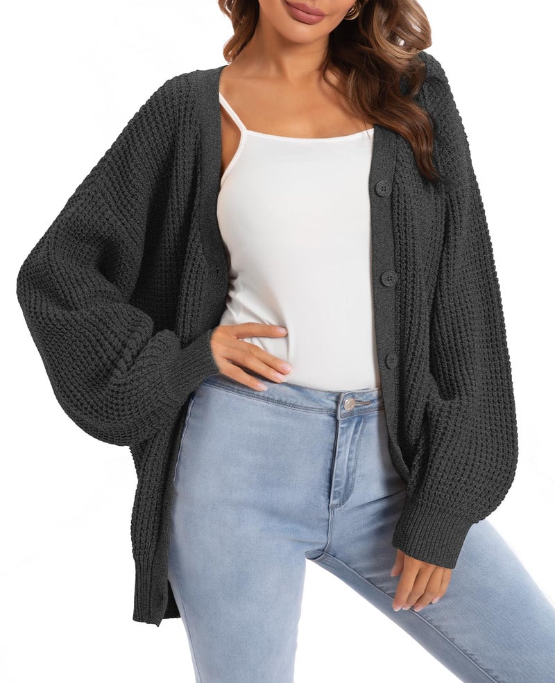 QUALFORT Women's Cardigan Sweaters for Women 100% Cotton Button-Down Long Sleeve Fall Sweaters for Women 2026 Dark Grey X-Large - Image 1